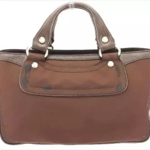 Celine Bag Handbag Brown Nylon Leather Woman Authentic Used